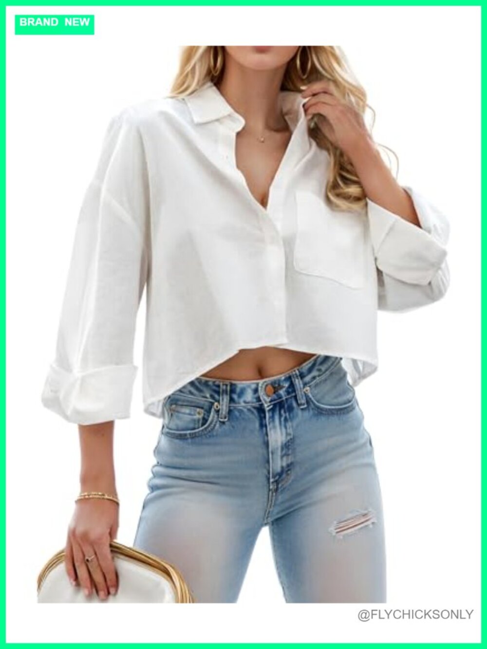 Teepie Women's Cropped Button Down Long Sleeve Blouse with Pocket